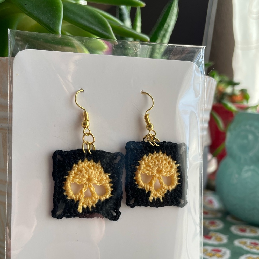 Handmade Crochet Skull Earrings Boho Goth Black Yellow Cotton unique gift ides
